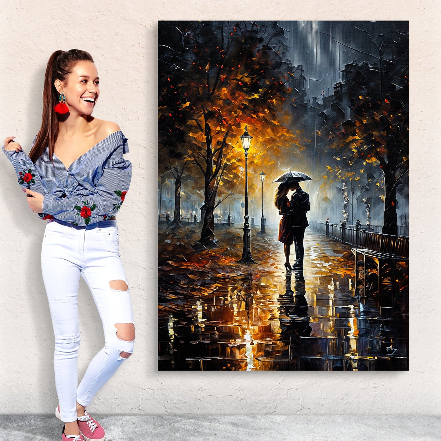 Autumn Embrace Rainy Evening Romantic Canvas Print