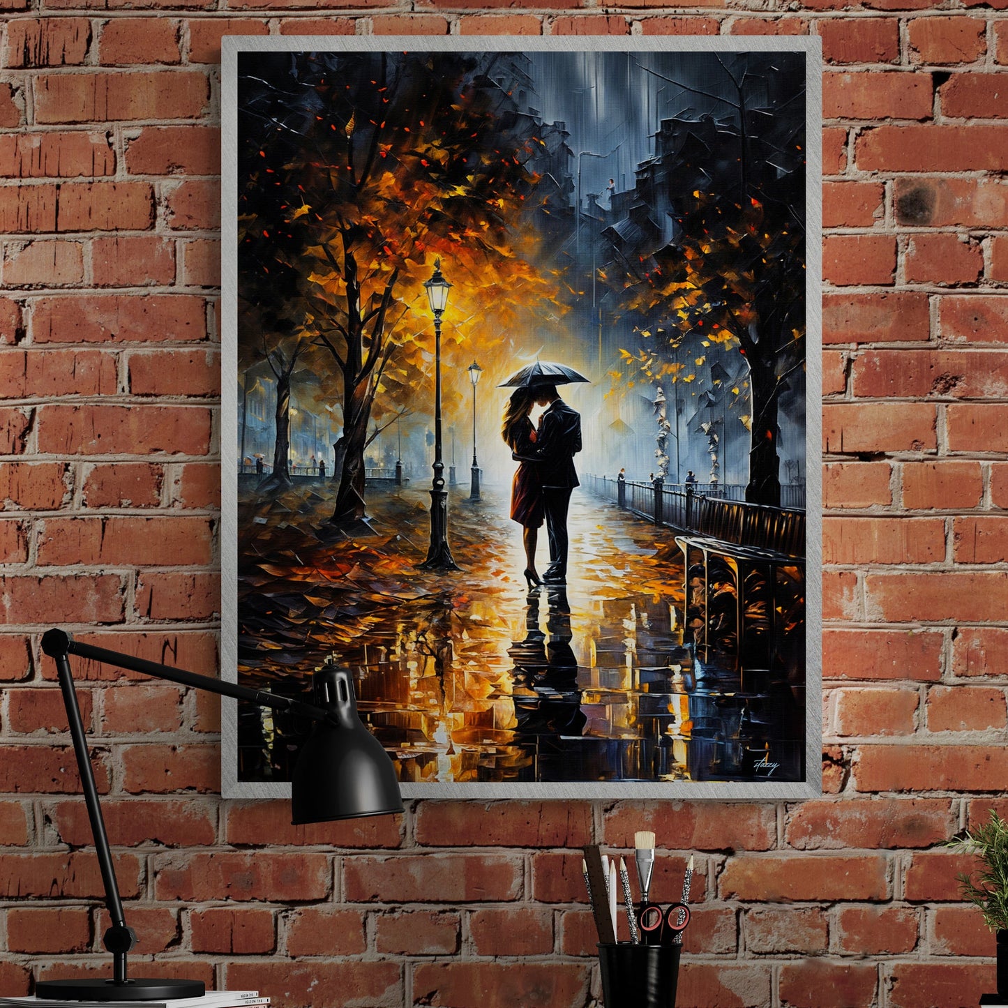 Autumn Embrace romantic canvas wall art with warm rainy evening and seasonal colors