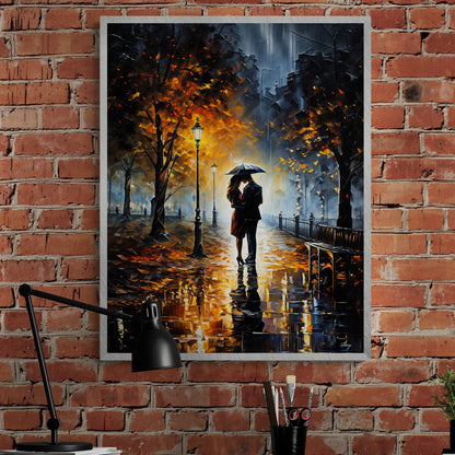 Autumn Embrace romantic canvas wall art with warm rainy evening and seasonal colors