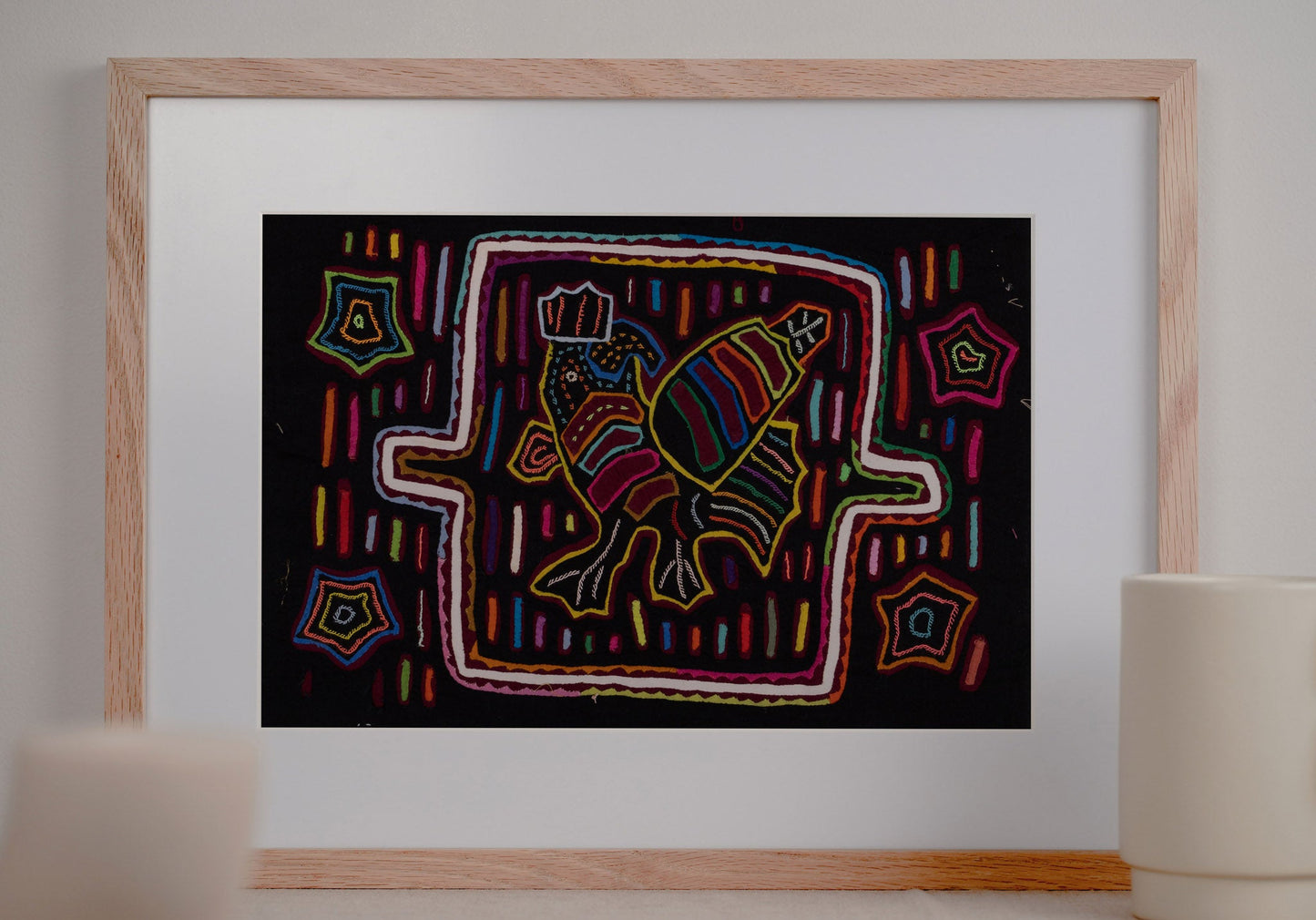 Black Rainbow Rooster Mola Tapestry Folk Art Wall Hanging