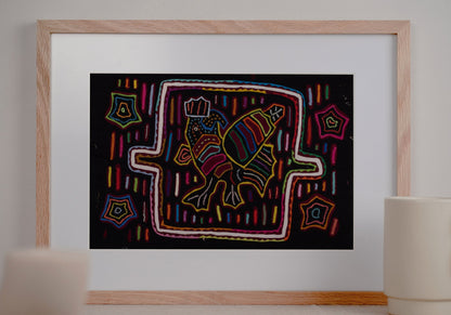 Black Rainbow Rooster Mola Tapestry Folk Art Wall Hanging