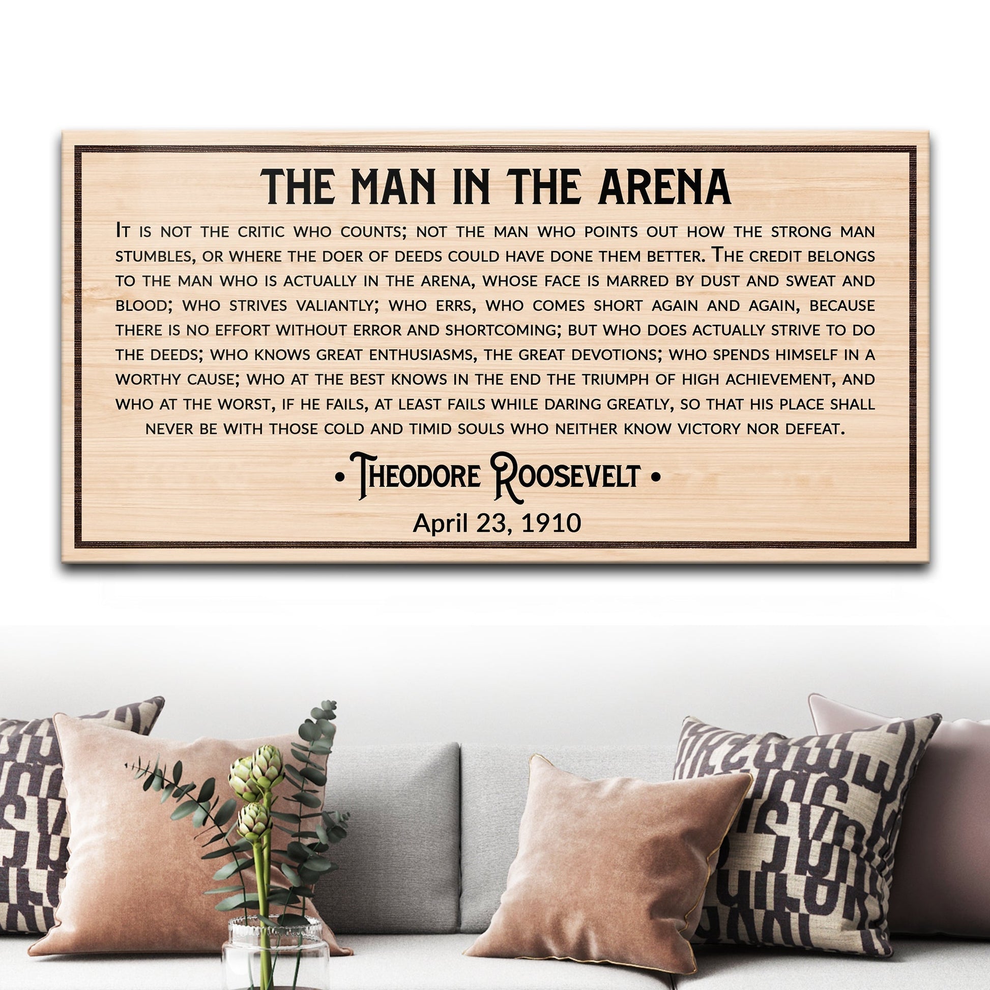 Man in the Arena Theodore Roosevelt motivational canvas wall art IV wide format, gallery-wrapped