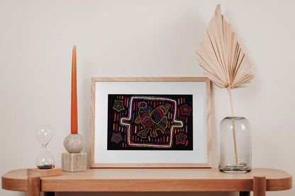 Black Rainbow Rooster Mola Tapestry Folk Art Wall Hanging
