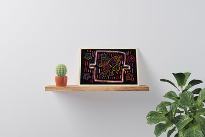 Black Rainbow Rooster Mola Tapestry Folk Art Wall Hanging