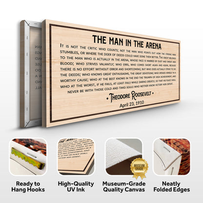 Man in the Arena sign canvas front and side, with text: Ready to Hang Hooks, High-Quality UV Ink, Museum-Grade Quality Canvas, Neatly Folded Edges