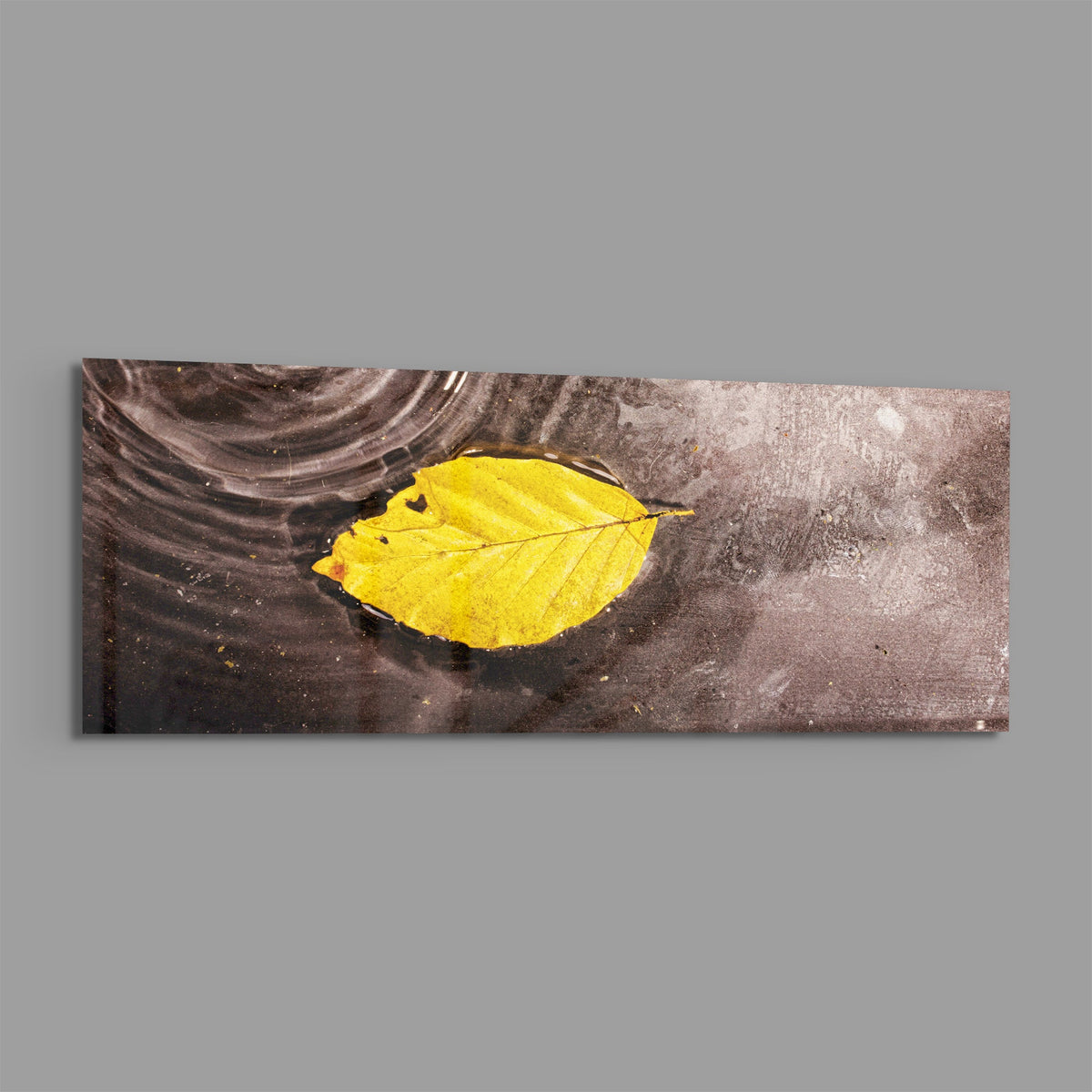 Yellow leaf on rippled water panoramic glass wall art shown on a plain gray background