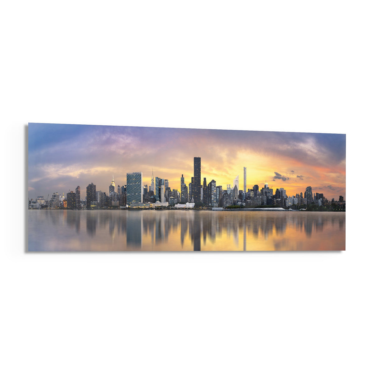 New York sunset skyline panoramic glass wall art shown at an angle on a white background