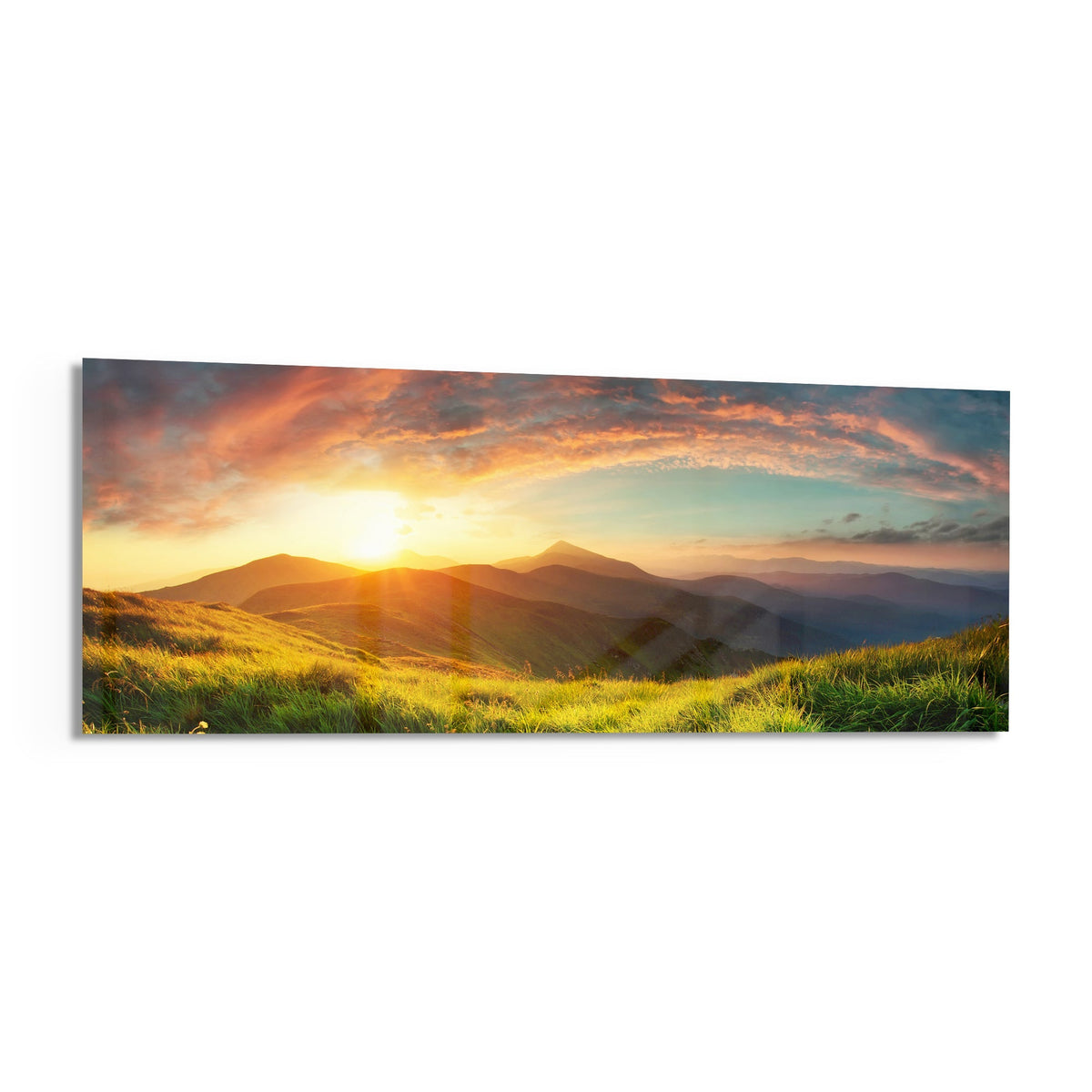 Golden sunset green hills panoramic glass wall art angled on a white background