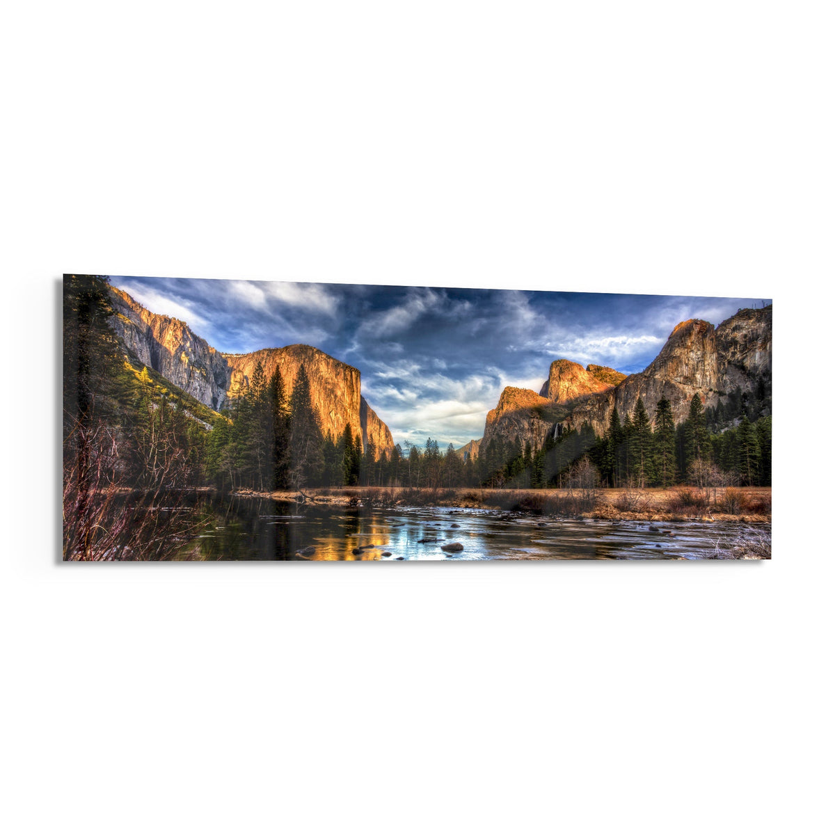 Granite cliffs river valley panoramic glass wall art angled on a white background