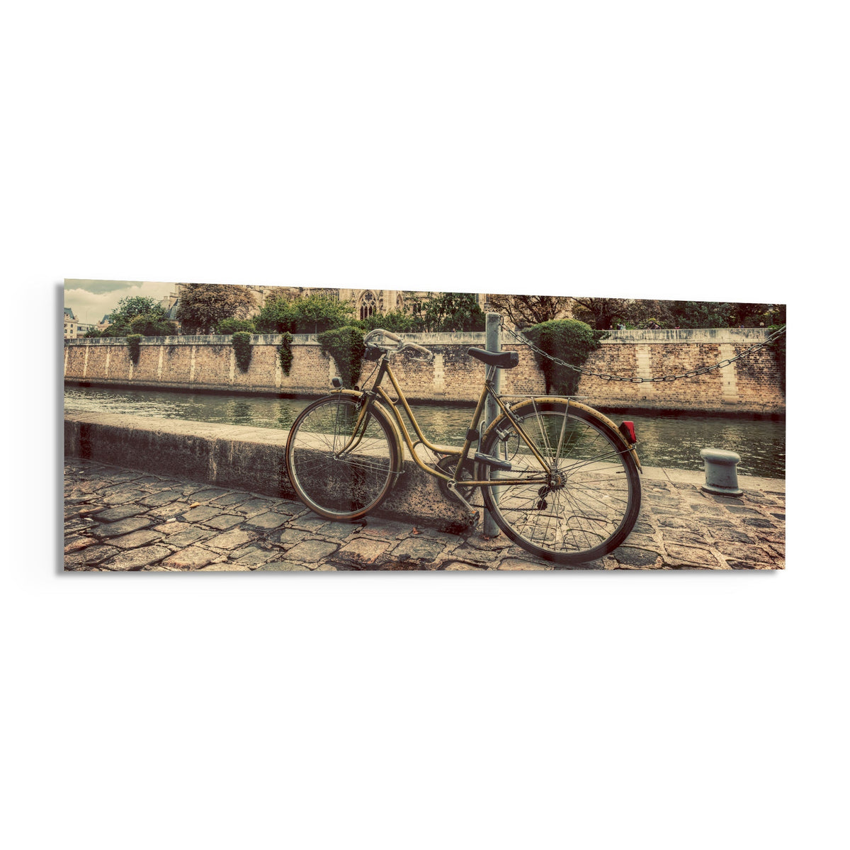 Vintage riverside bicycle panoramic glass piece shown on a white background