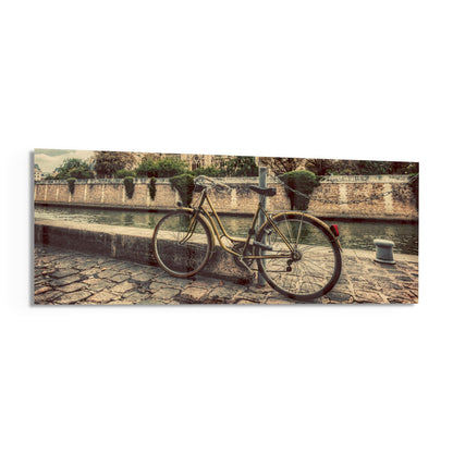 Vintage riverside bicycle panoramic glass piece shown on a white background