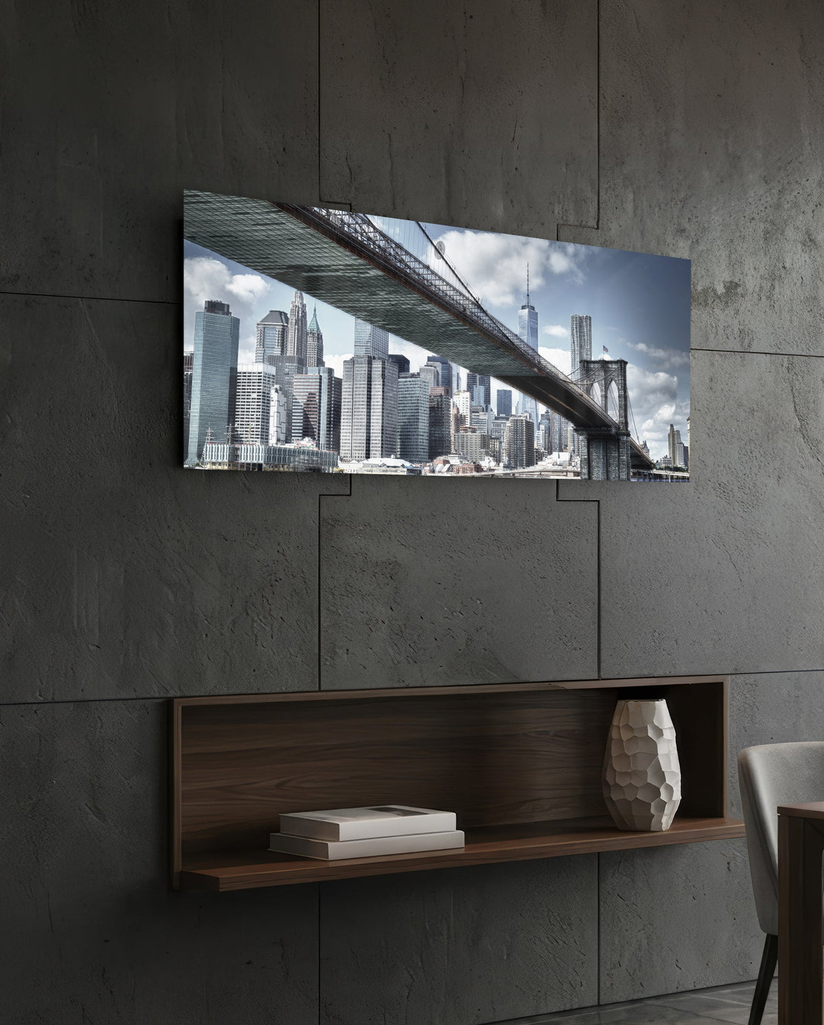 Brooklyn Bridge skyline panoramic glass wall art on a dark wall above a recessed wooden shelf