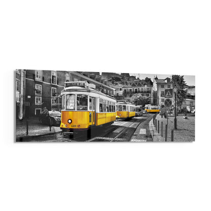 Lisbon yellow tram panoramic glass wall art on a white background