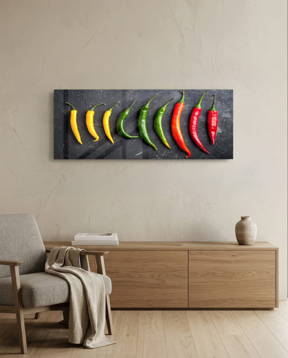 Chili peppers on black slate glass wall art above a light wood sideboard beside a gray armchair with a throw