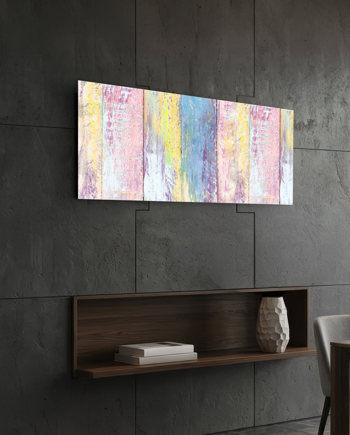 Pastel painted wood planks glass wall art on a dark tiled wall above a recessed walnut shelf with a vase