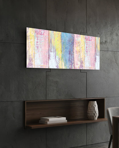 Pastel painted wood planks glass wall art on a dark tiled wall above a recessed walnut shelf with a vase