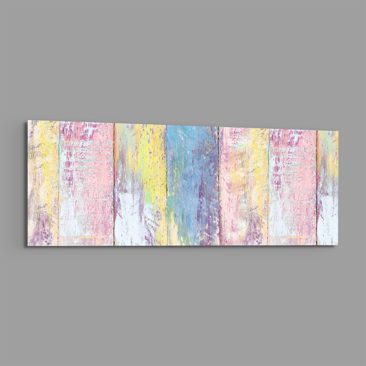 Pastel painted wood planks panoramic glass piece shown on a plain gray background