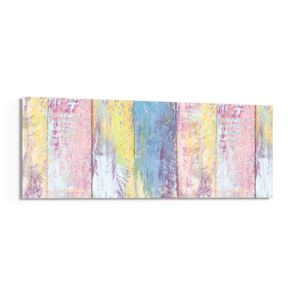 Pastel painted wood planks panoramic glass piece shown on a white background