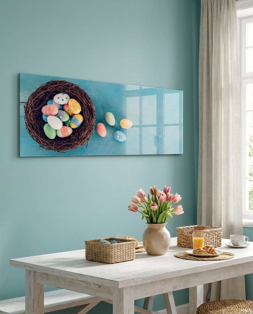 Easter eggs in a nest glass wall art on a turquoise wall above a white dining table with tulips