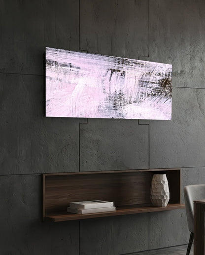 Blush pink brushstroke abstract glass wall art on a dark tiled wall above a recessed walnut shelf with a vase