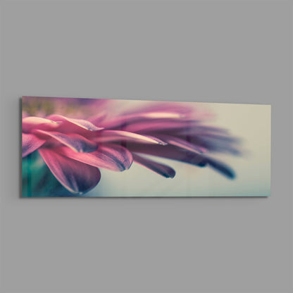 Pink flower petal macro panoramic glass piece shown on a plain gray background