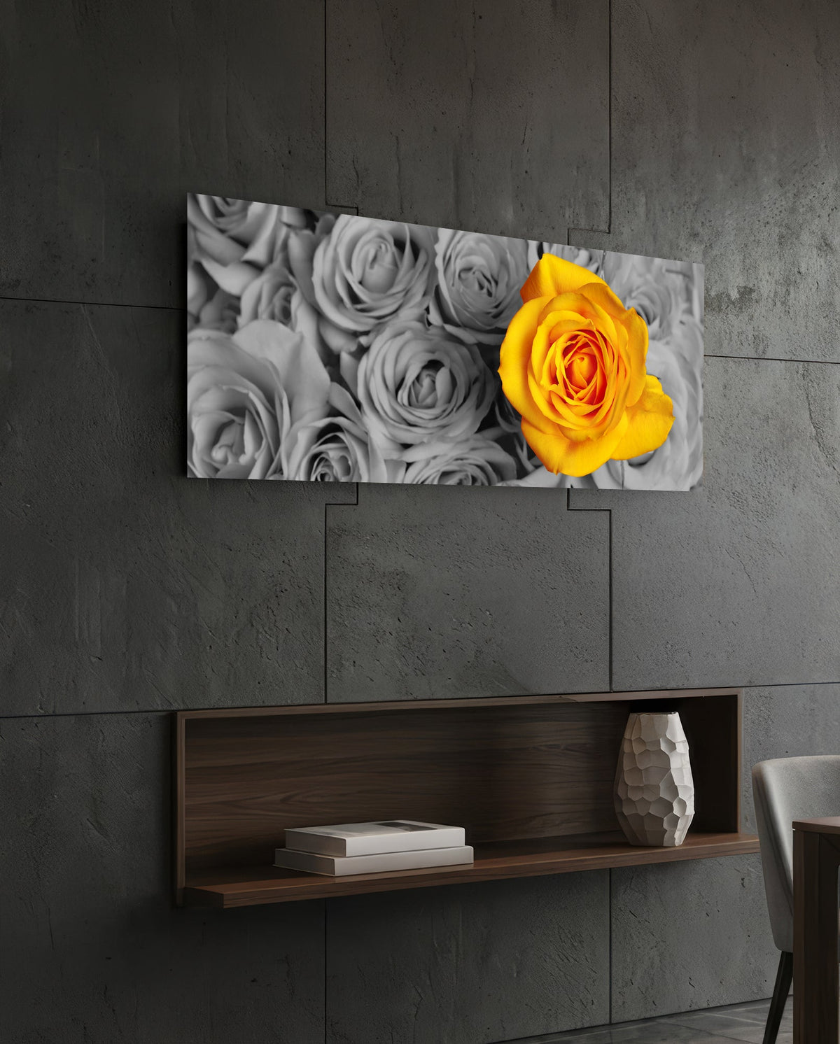 Yellow rose on gray roses glass wall art on a dark slate wall above a walnut floating shelf