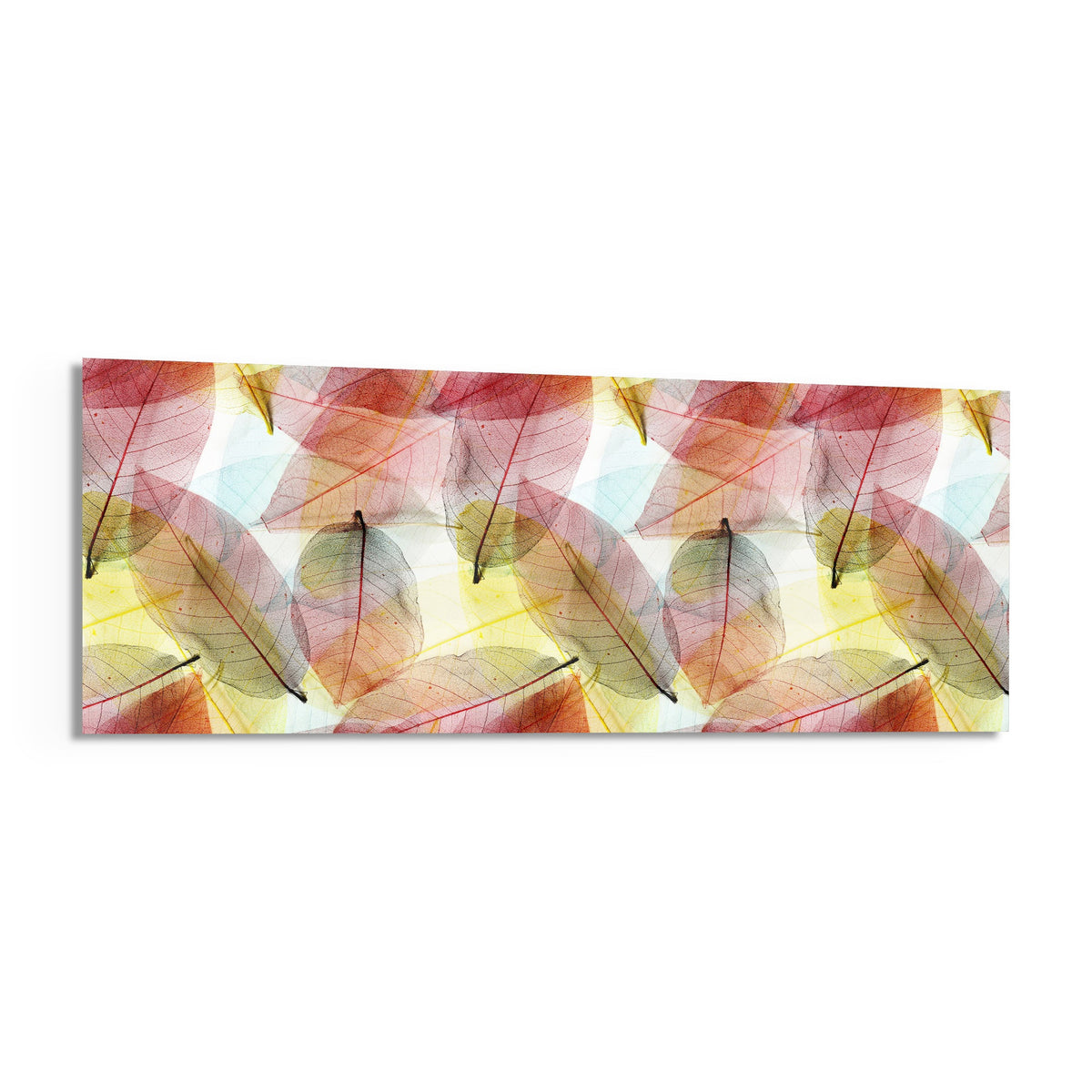 Pink and gold skeleton leaves panoramic glass wall art shown on a white background with a soft shadow