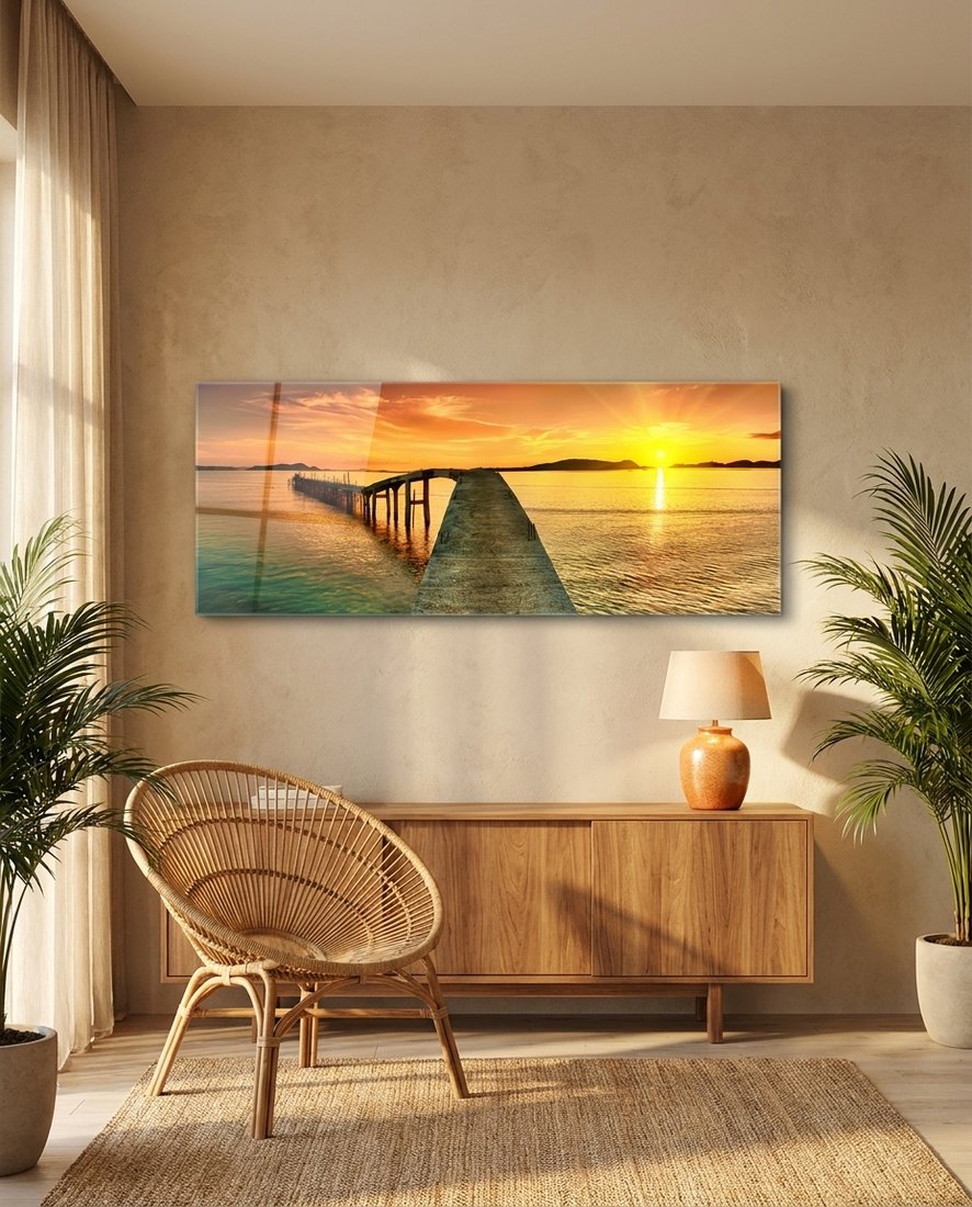 Golden sunset curved pier panoramic glass wall art above a wooden sideboard beside a rattan chair and plants