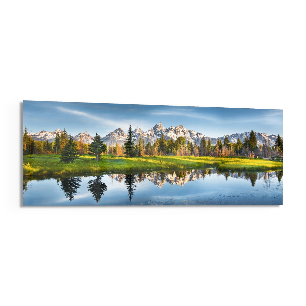Mountain lake reflection panoramic glass piece shown on a white background