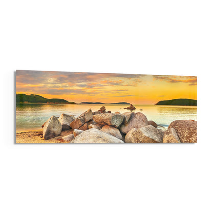 Golden sunset boulder bay panoramic glass print angled on a white background