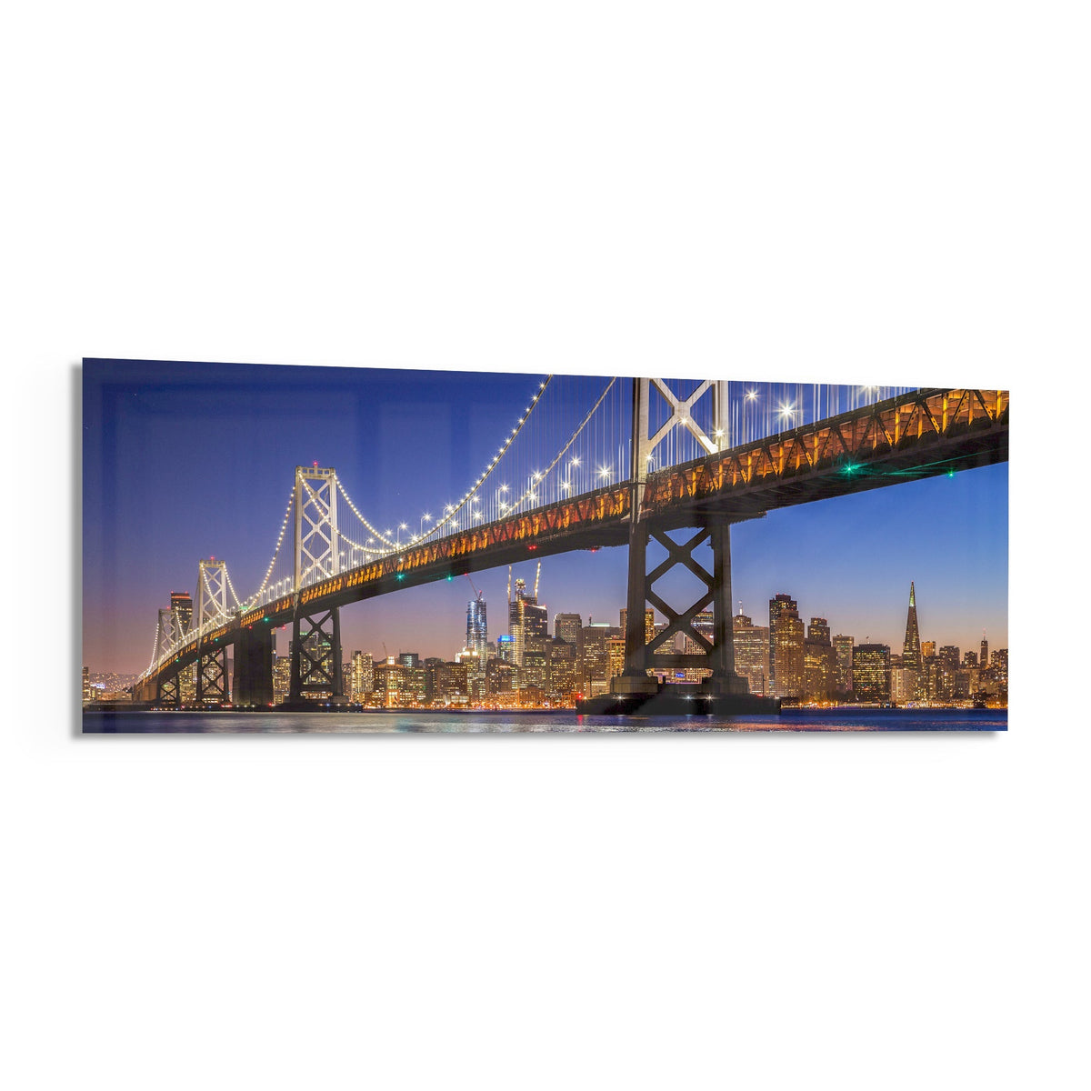San Francisco Bay Bridge panoramic glass wall art shown at an angle on a white background