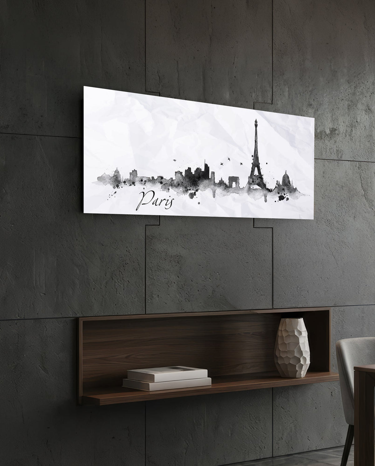 Paris ink skyline panoramic glass wall art on a dark wall above a recessed wooden shelf