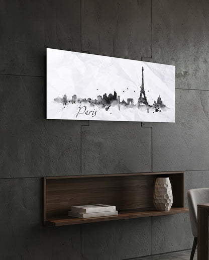 Paris ink skyline panoramic glass wall art on a dark wall above a recessed wooden shelf