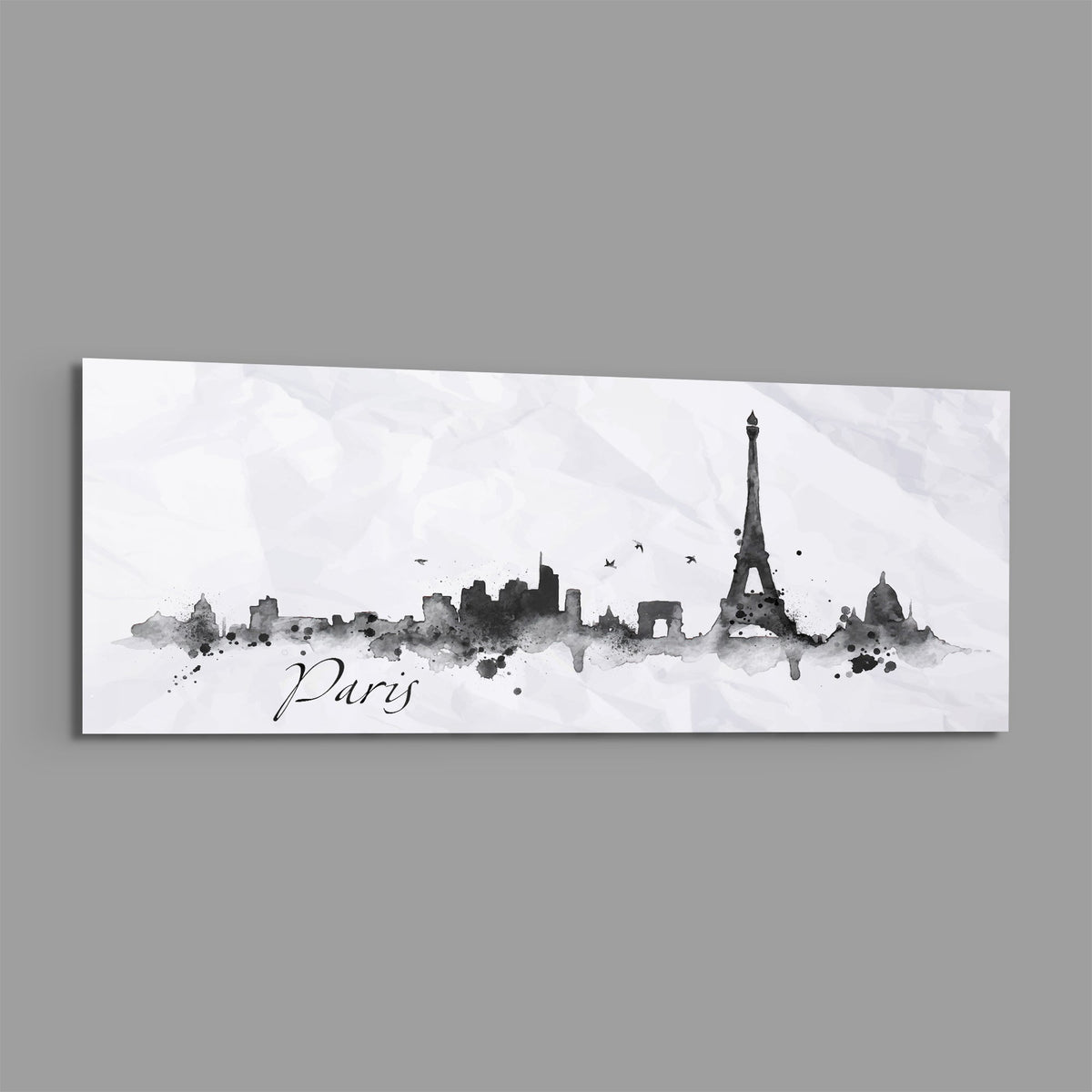 Paris ink skyline panoramic glass wall art shown at an angle on a gray background