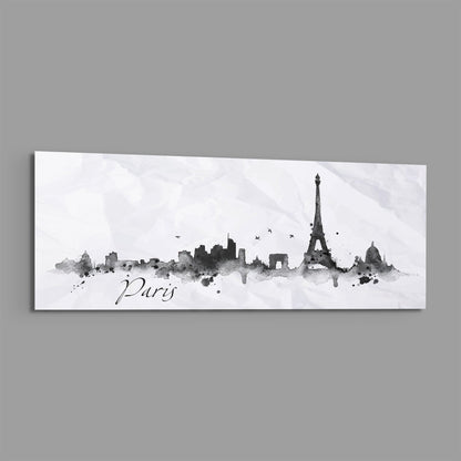 Paris ink skyline panoramic glass wall art shown at an angle on a gray background