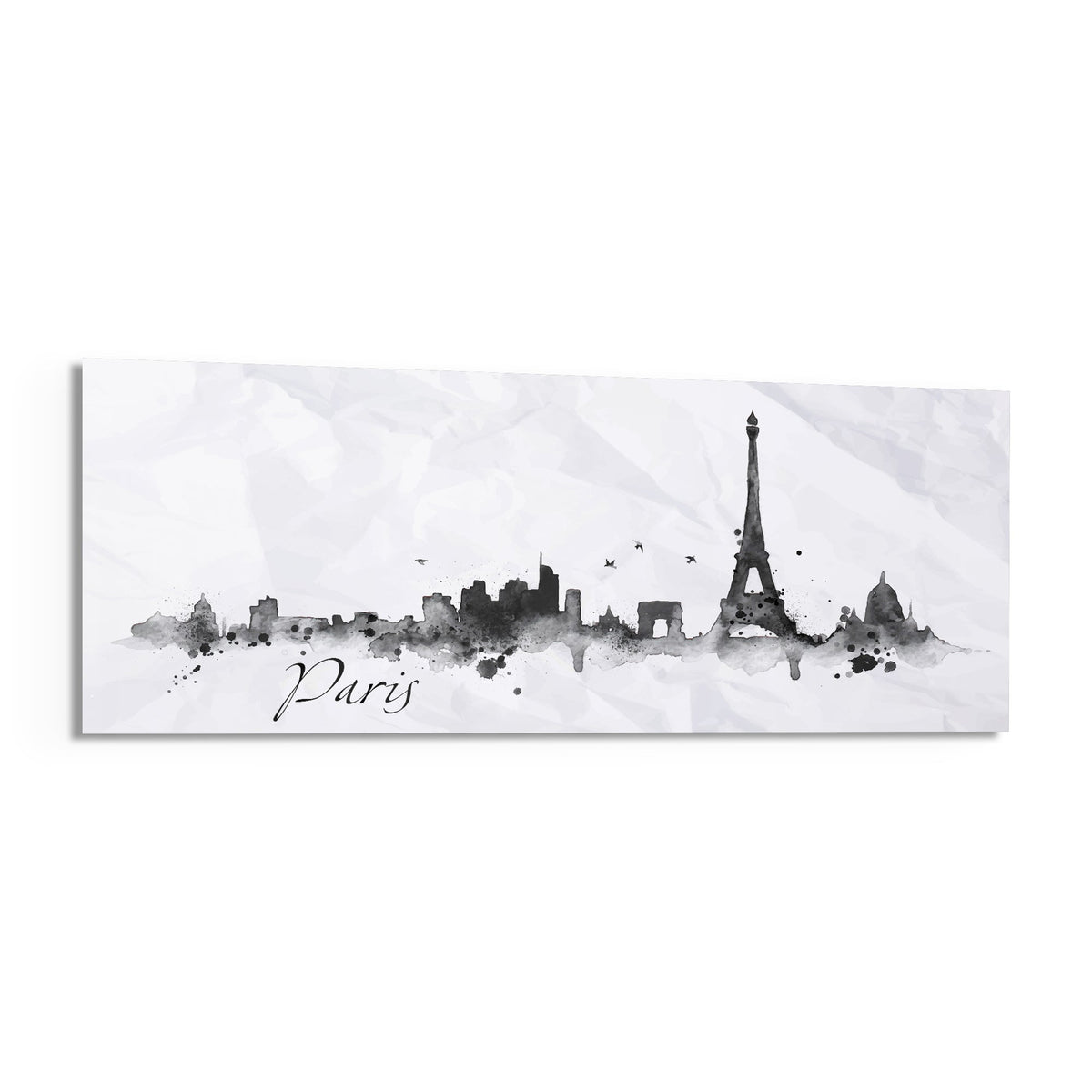 Paris ink skyline panoramic glass wall art shown at an angle on a white background