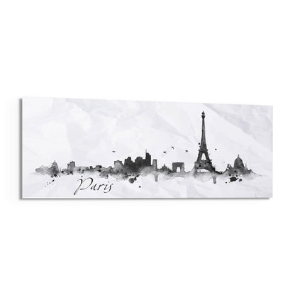 Paris ink skyline panoramic glass wall art shown at an angle on a white background