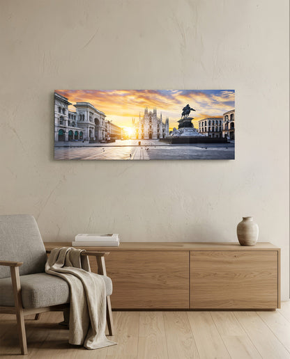 Cathedral square panoramic glass wall art above a wooden sideboard beside an armchair with a throw