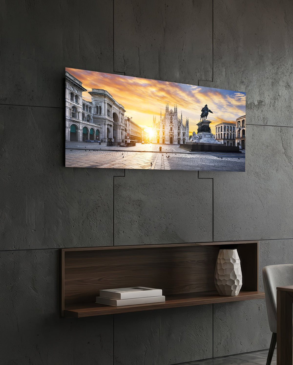 Cathedral square panoramic glass wall art on a dark slate wall above a floating wooden shelf