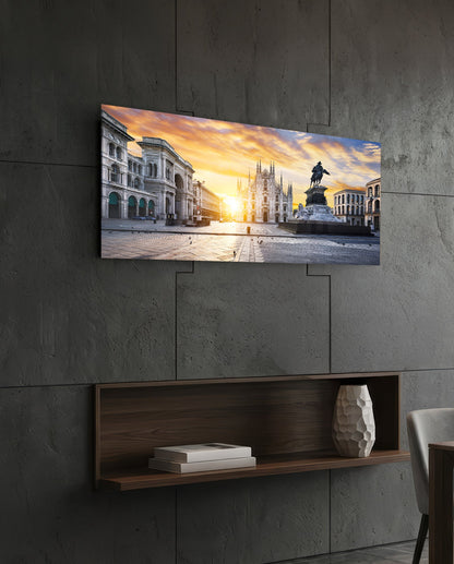 Cathedral square panoramic glass wall art on a dark slate wall above a floating wooden shelf