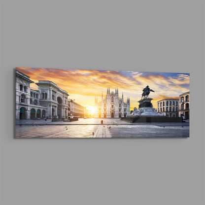 Cathedral square panoramic glass wall art shown at an angle on a gray background