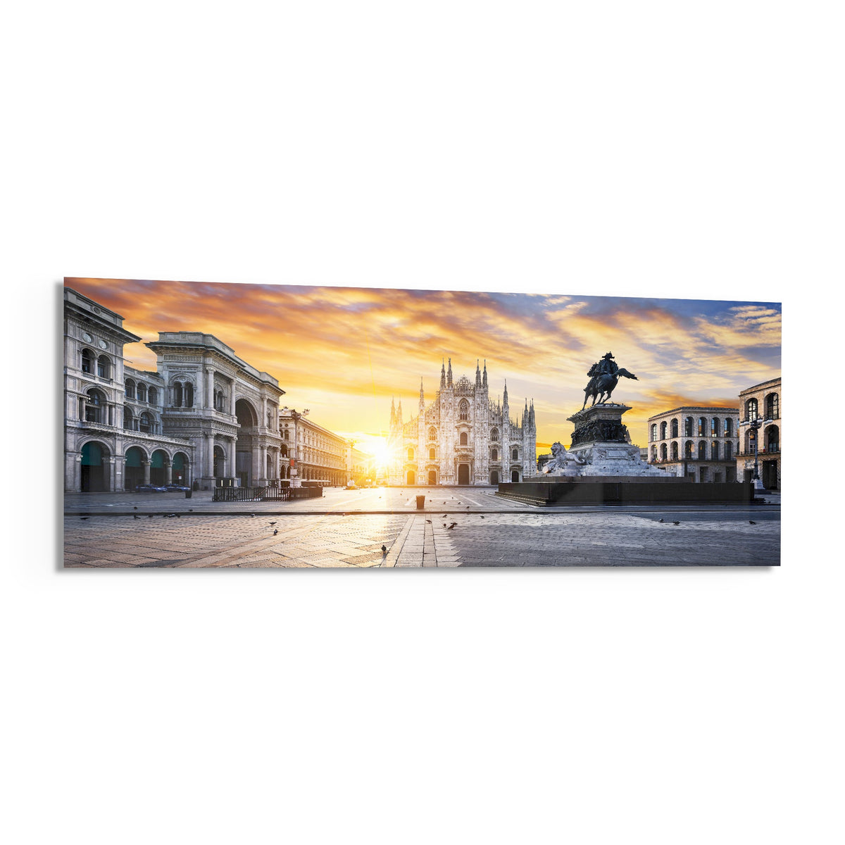 Cathedral square panoramic glass wall art shown at an angle on a white background