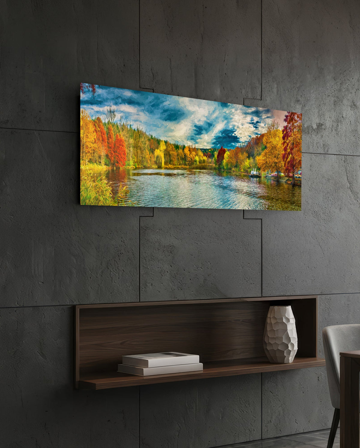 Autumn lake panoramic glass wall art on a dark slate wall above a floating wooden shelf