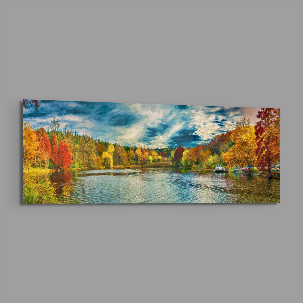Autumn lake panoramic glass wall art shown at an angle on a gray background