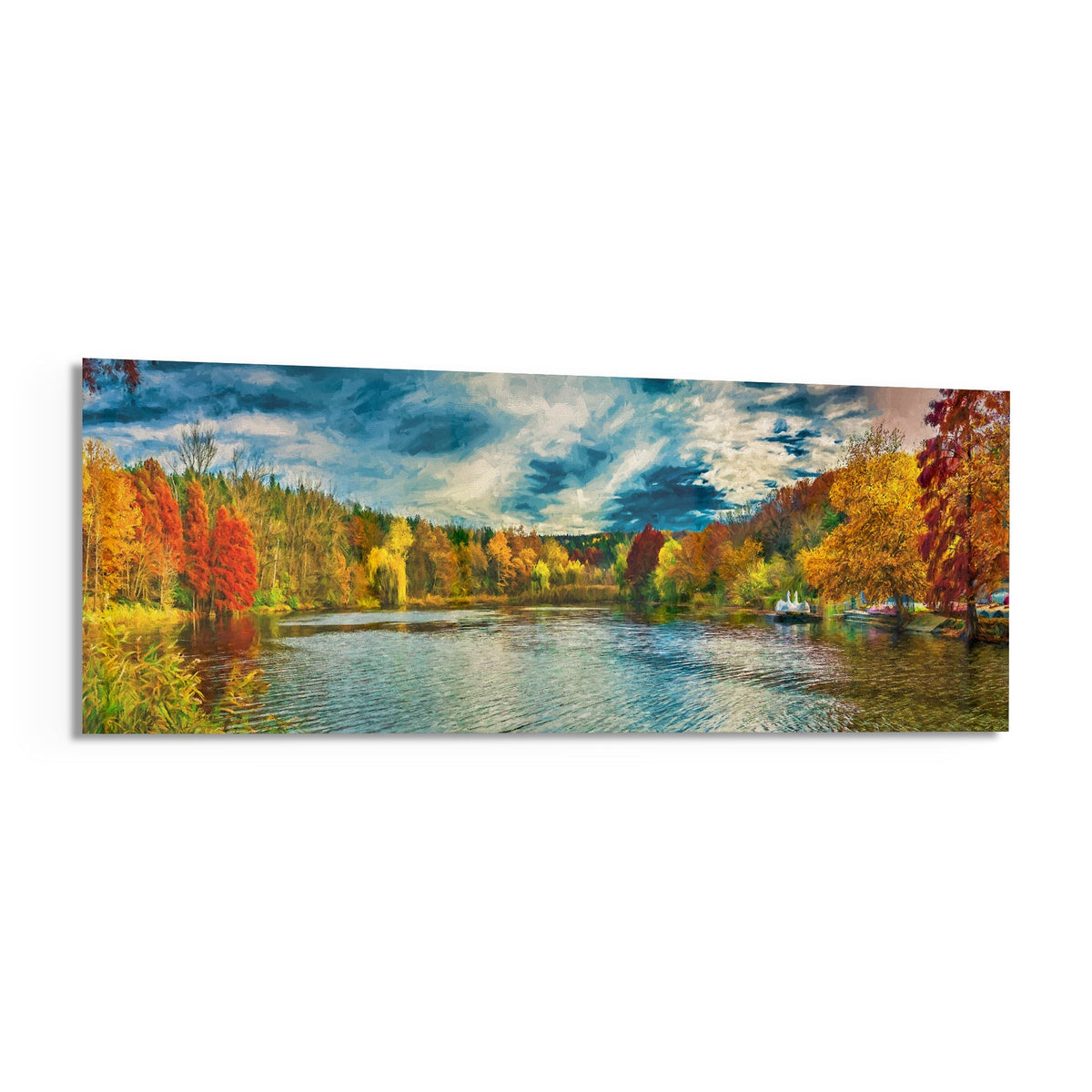 Autumn lake panoramic glass wall art shown at an angle on a white background