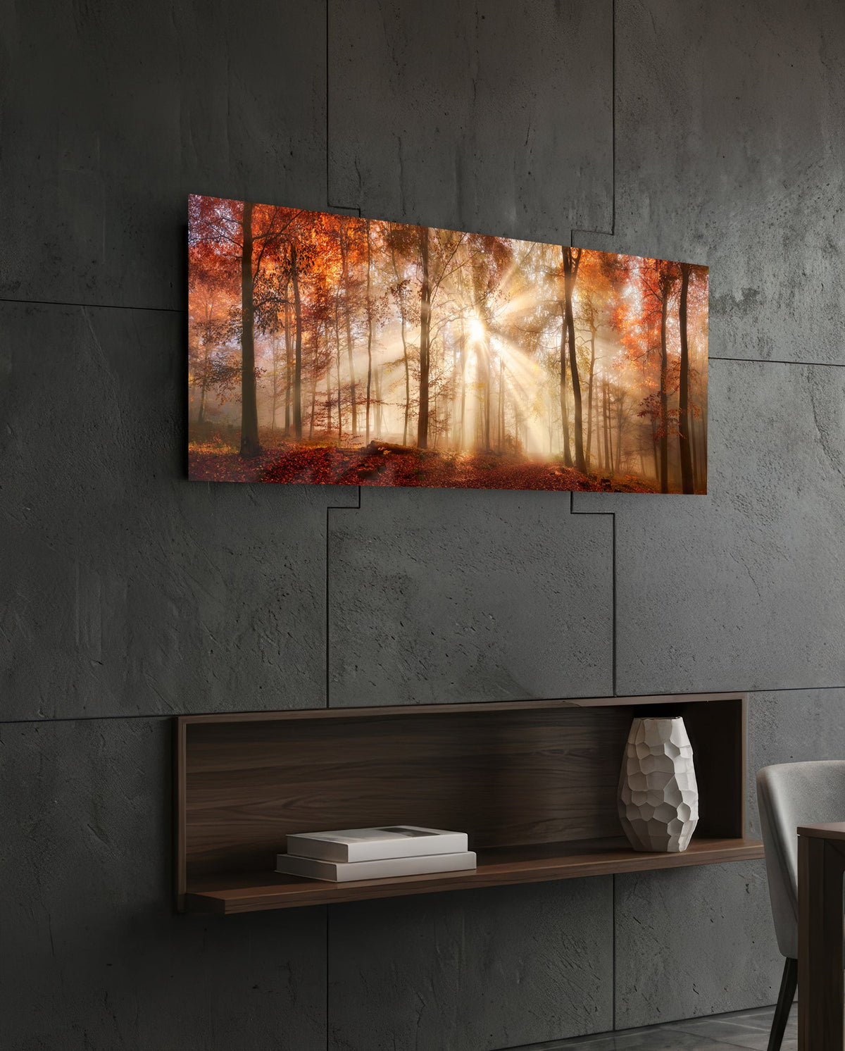 Autumn forest sun rays panoramic glass wall art above a floating wood shelf on a dark stone wall