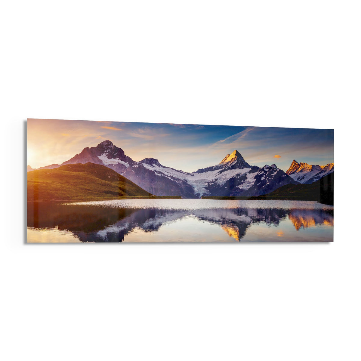 Sunrise alpine peaks lake panoramic glass wall art angled on a white background
