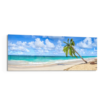 Tropical palm tree beach panoramic glass print angled on a white background