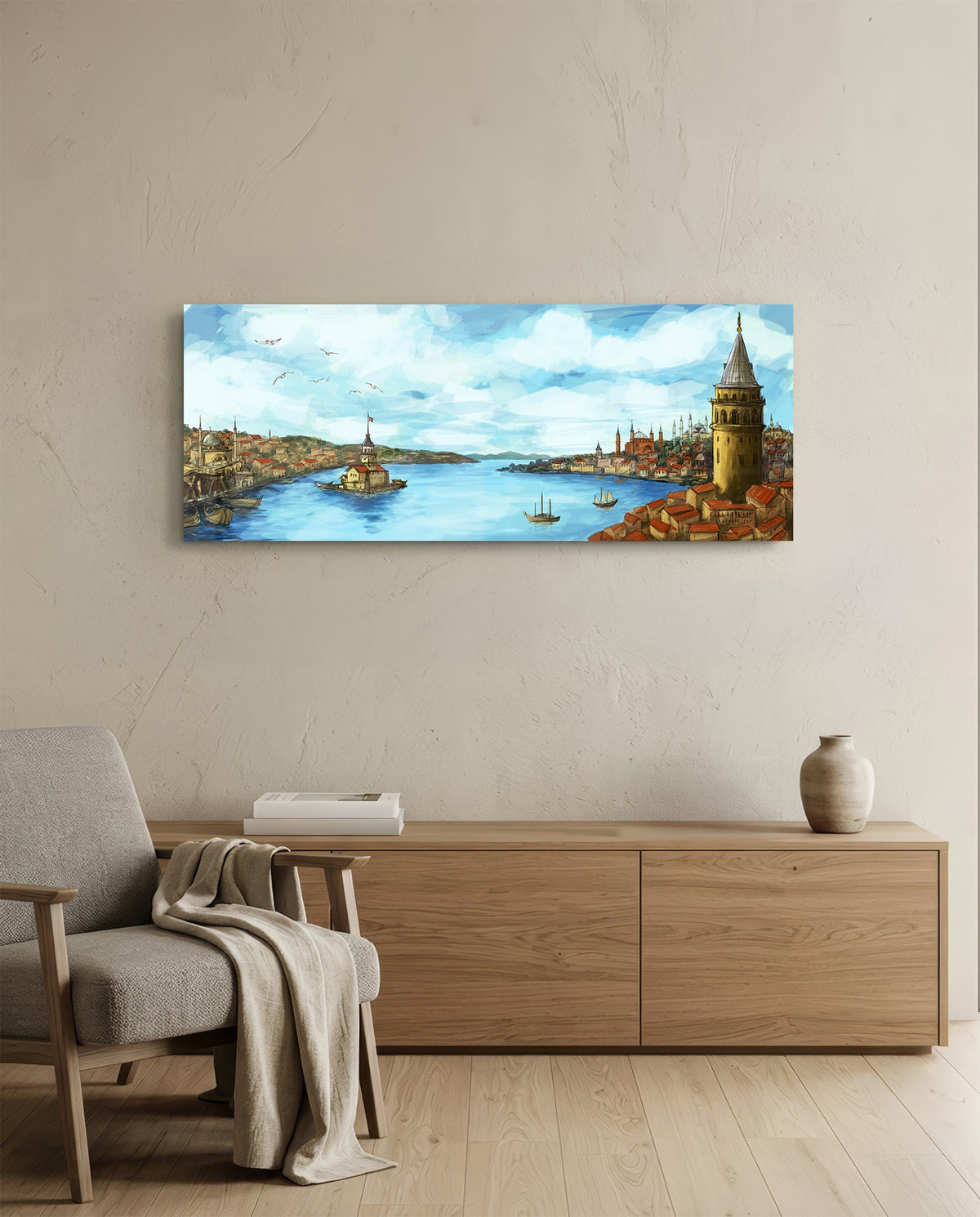 Old Istanbul Bosphorus panoramic glass wall art above a light wood sideboard and beige armchair