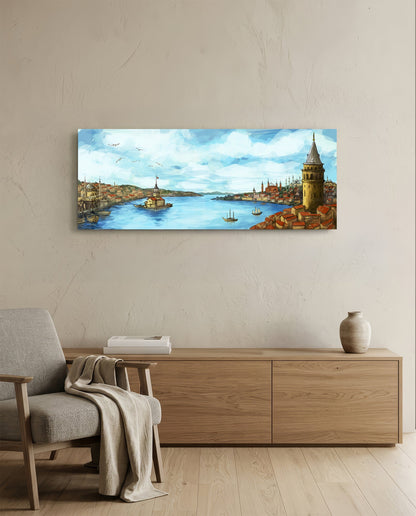 Old Istanbul Bosphorus panoramic glass wall art above a light wood sideboard and beige armchair